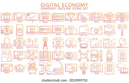 Digital Economy thin gradient outline icons set, contain such as computer, crypto currency, diagram, finance symbol, Used for modern concepts, web, UI, UX kit and applications. ready convert to SVG svg