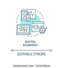 Digital economy turquoise concept icon. Electronic commerce. Economy models abstract idea thin line illustration. Isolated outline drawing. Editable stroke. Arial, Myriad Pro-Bold fonts used