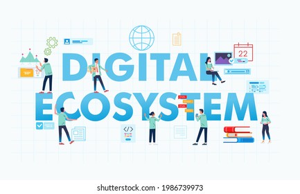 Digital Ecosystem Letter And People Doing Their Job Banner Illustration. Used For Website Banner, Landing Page Image And Other