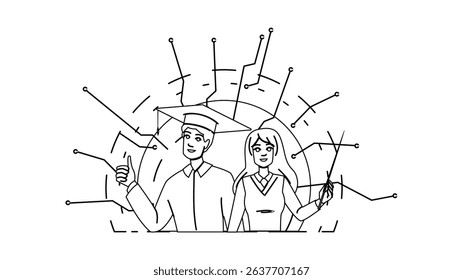 digital edtech vector. school platform, ai system, elearning data digital edtech character. people black line pencil drawing illustration