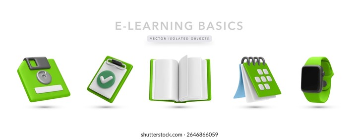 Ícones 3D Do Digital Education Apresentando Disquete, Lista De Verificação, Livro Aberto, Calendário E Smartwatch. Ideal Para Interfaces De E-Learning, Aplicativos De Estudo Ou Ferramentas De Sala De Aula. Ilustração de vetor.