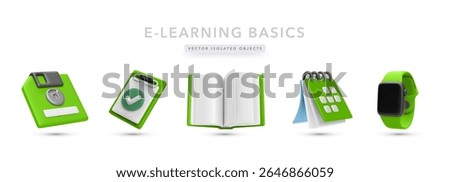 Digital Education 3D Icons Featuring Floppy Disk, Checklist, Open Book, Calendar, And Smartwatch. Ideal For E-Learning Interfaces, Study Apps, Or Classroom Tools. Vector Illustration.