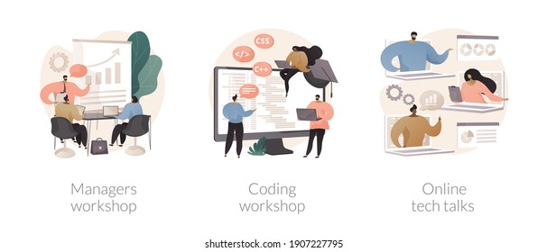 IT Digital Education Abstract Concept Vector Illustration Set. Online Courses, Coding Workshop, Online Tech Talks, Programming Course, App And Games Development Class, Informatics Abstract Metaphor.