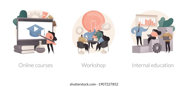 Digital Education Abstract Concept Vector Illustration Set. Online Courses, Workshop, Internal Education, Watching Webinar, Business Coach, Teamwork Learning, Practicing New Skills Abstract Metaphor.