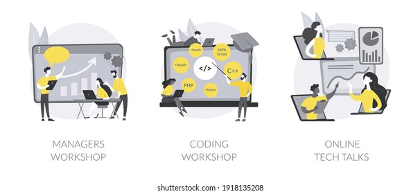 IT digital education abstract concept vector illustration set. Online courses, coding workshop, online tech talks, programming course, app and games development class, informatics abstract metaphor.