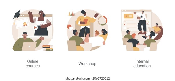 Digital education abstract concept vector illustration set. Online courses, workshop, internal education, watching webinar, business coach, teamwork learning, practicing new skills abstract metaphor.