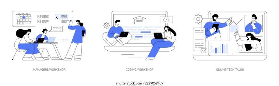 IT digital education abstract concept vector illustration set. Online courses, coding workshop, online tech talks, programming course, app and games development class, informatics abstract metaphor.