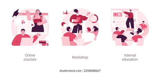 Digital education abstract concept vector illustration set. Online courses, workshop, internal education, watching webinar, business coach, teamwork learning, practicing new skills abstract metaphor.