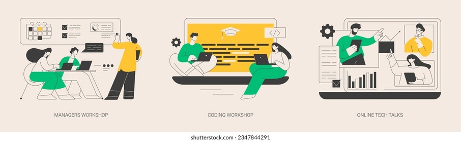 IT digital education abstract concept vector illustration set. Online courses, coding workshop, online tech talks, programming course, app and games development class, informatics abstract metaphor.