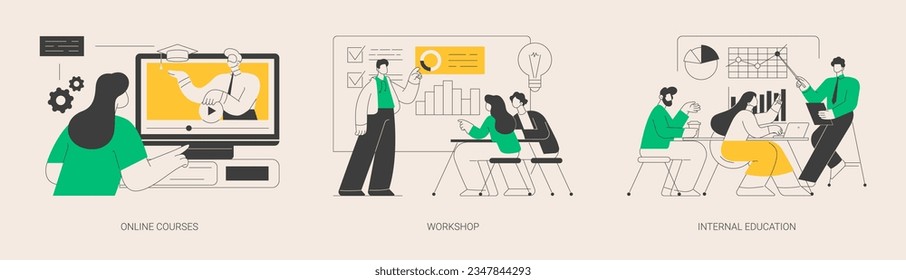 Digital education abstract concept vector illustration set. Online courses, workshop, internal education, watching webinar, business coach, teamwork learning, practicing new skills abstract metaphor.