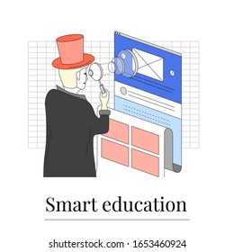 Digital education concept. Man eploring landing page with special loupe. Isolated illustration for your design, infographic, landing page or app designing.