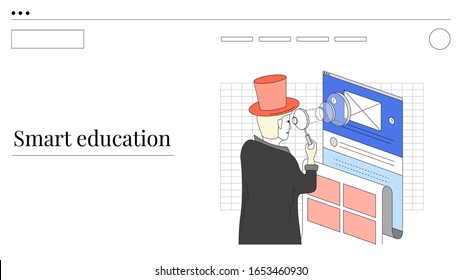 Concepto de educación digital. Hombre adornando la página de inicio con un sonido especial. Ilustración aislada para el diseño de su diseño, infografía, página de inicio o aplicación.