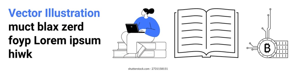Digital education, cryptocurrency, blockchain technology, online learning, content creation, and information sharing. Woman using laptop, open book cryptocurrency circuit. Online learning