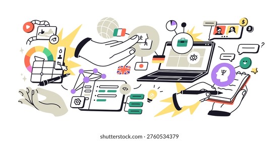 Digital education, e-learning concept. Virtual distant classes, courses, online study. Elearning, remote training, web technology with laptop. Flat vector illustration isolated on white background