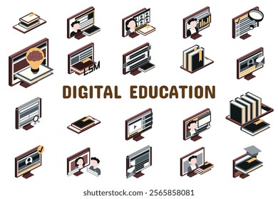 Digital Education Flat Vector Illustration Icon Sticker Set Design Materials