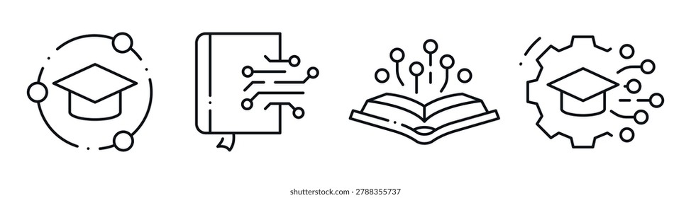 Digital education icons depicting learning and technology concepts. Editable stroke