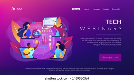 Digital education, internet conference. Online tech talks, technical topics presentations, tech webinars, live technology demonstration concept. Website homepage landing web page template.