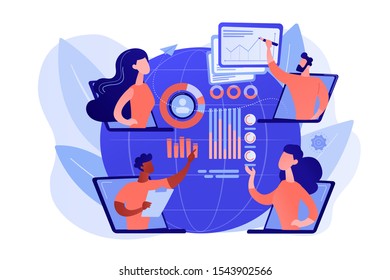 Digital education, internet conference. Online tech talks, technical topics presentations, tech webinars, live technology demonstration concept. Pinkish coral bluevector isolated illustration