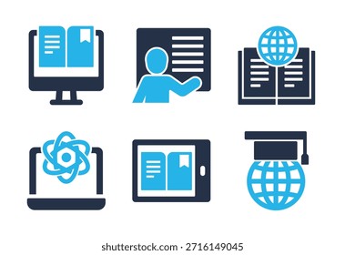 Conjunto de iconos de Educación digital y aprendizaje. Iconos de la serie de glifos sólidos