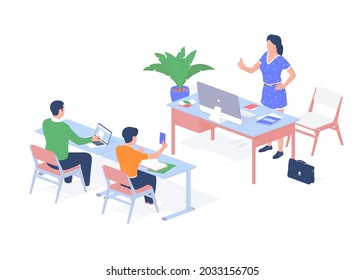 Digital education lesson in auditorium. Students for desks with laptop and smartphone listen lecture. Teacher talks scientific subject. Table with computer monoblock. Vector realistic isometry