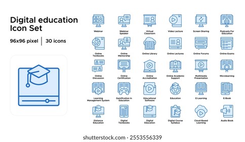 Digital Education Line Fill Duo Tone Icon Set: E-Courses, Webinars, Online Certifications, and Virtual Learning Tools Icons