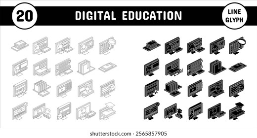Digital Education Line Glyph Vector Illustration Icon Sticker Set Design Materials