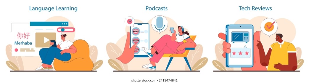 Digital Education set. Mastering new languages, enjoying podcasts, analyzing tech. Enriching minds with diverse online resources. Flat vector illustration.