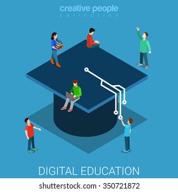 Digital education university flat 3d isometric knowledge concept web vector illustration. Students big graduate cap tassel styled as electronic board track. Creative people collection.