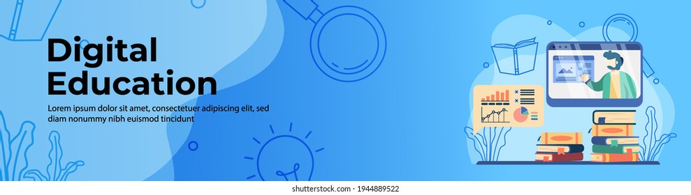 Digital Education Web Banner Design. Teacher on monitor to explain the graph. Online education, E-Learning, digital education platform concept header or footer banner.
