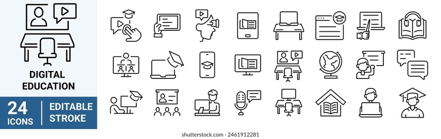 Digital Education web line icons. Virtual Classroom. Distance Learning. Back to school. online