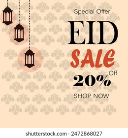 A digital Eid sale ad with bold "Eid Sale" text and 20% off offer. Red arrows point to a "Shop Now" button in a speech bubble.