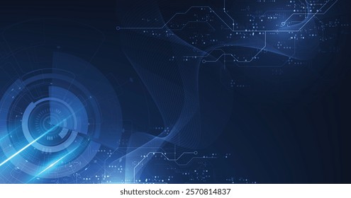 Digital electric circuit circle background.Image electric circuit on dark blue background.High tech circuit board connection system concept.	