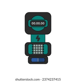 Digital Electric Meter in lineal color flat icon style. Tosca electricity meter with a button to input prepaid credit tokens and LCD screen to show electricity level. Editable graphic resources.