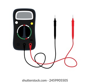 Digital electric multimeter isolated, electrical measuring instrument for check voltage, amperage, ohmmeter, power, resistance. Current measurement, electricity. Colored flat vector illustration