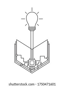 Digital electric online learning concept mixed with traditional book learning. Light bulb attached to a computer chip attached to a book. Black outline, white background.