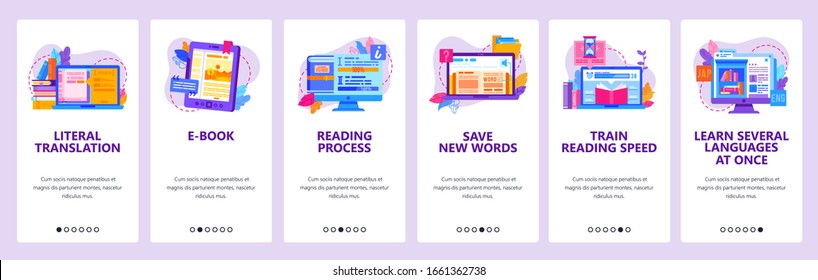 Digital electronic book library. Study language online. Read e-book, education technology. Mobile app screens. Vector banner template for website and mobile development. Web site design illustration.