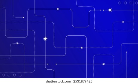 Digital electronic circuit board with dark blue background, illustration of modern PCB technology suitable for presentations, banner about internet, electronic devices, computers, and data transfer.