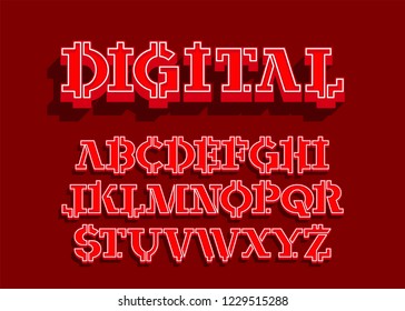 digital - electronic coin style font. Crypto currency alphabet letters set. Vector illustration with graphic style