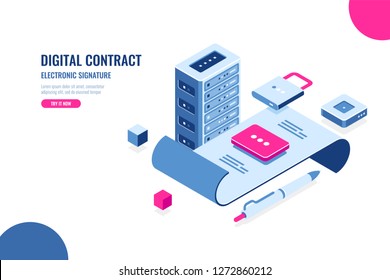 Digital Electronic Contract And Signature Of Document, Isometric Icon, Datacenter Concept, Server Room, File On Lock, Data Security And Protection, Flat Vector Illustration