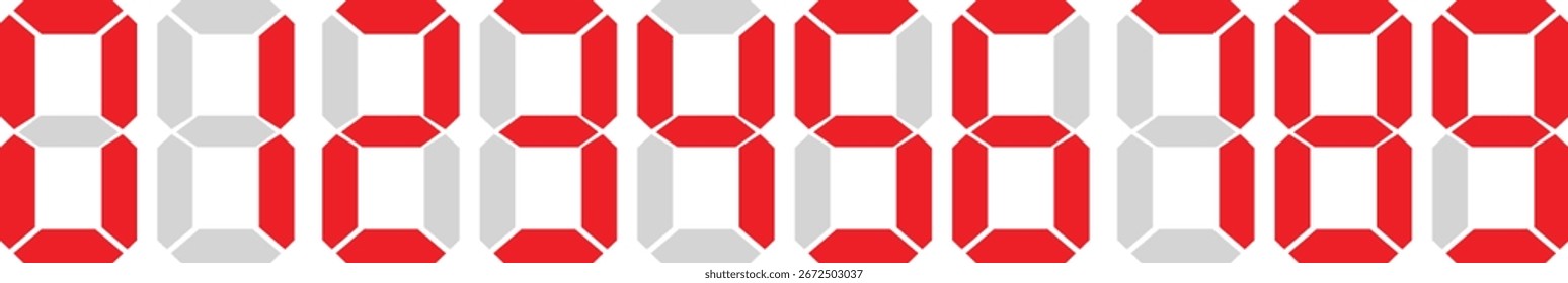 Icono digital de figuras electrónicas. Vector de fuente de visualización de siete segmentos, dígitos de estilo rojo de marcador led y LCD, temporizador de cuenta regresiva e ilustración de símbolo de pantalla de reloj aislados sobre fondo transparente.