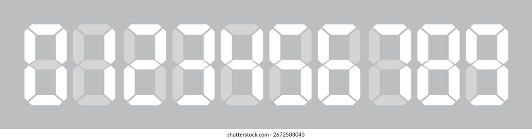 Icono digital de figuras electrónicas. Vector de fuente de visualización de siete segmentos, dígitos de estilo blanco de marcador led y LCD, temporizador de cuenta regresiva e ilustración de símbolo de pantalla de reloj aislados sobre fondo transparente.
