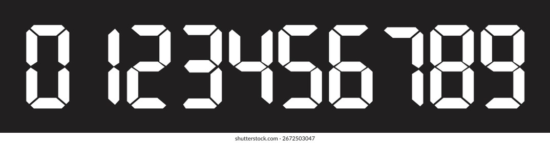 Digital electronic figures icon. Seven segment display font vector, LED and LCD scoreboard white style digits, countdown timer and clock screen symbol illustration isolated on transparent background.