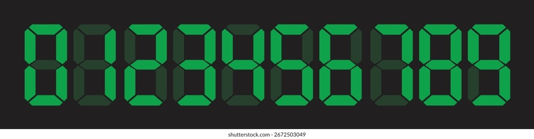 Icono digital de figuras electrónicas. Siete segmentos de visualización de Vector de fuente, led y LCD marcador de dígitos de estilo verde, temporizador de cuenta regresiva y la ilustración de símbolo de pantalla de reloj aislado en fondo transparente.
