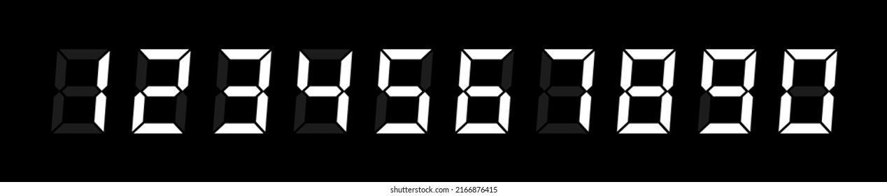 Digital electronic figures set on black background. Digital numbers for watch, alarm clock, countdown and timer. Vector illustration graphic design.