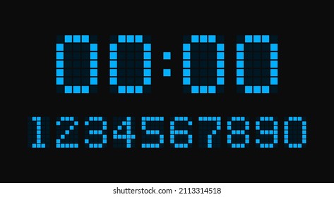 Digital electronic figures set pixel style. Digital numbers for watch, alarm clock, countdown and timer. Vector illustration graphic design.