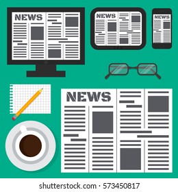 Digital electronic online newspaper on smartphone, tablet and monitor. Glasses, pencil, cup of coffee and piece of paper. EPS10 vector illustration in flat style.