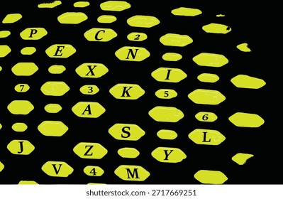 Un marcador digital o electrónico con varias letras y números en una fuente estilizada amarilla sobre un fondo negro. Los caracteres están dispuestos en un patrón similar a una cuadrícula dentro de Formas hexagonales alargadas.
