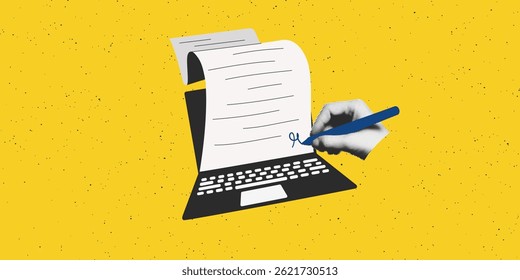 Digital electronic signature concept art collage banner template. Cutout halftone hand signing business contract or document on laptop computer screen. Modern retro mixed media vector illustration