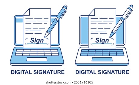 Assinatura eletrônica digital, ícone de linha de assinatura manual de papel de documento de negócios on-line. Escrita de assinatura eletrônica com caneta digitalizadora na tela do dispositivo do notebook. Vetor de página de texto de contrato legal da Web