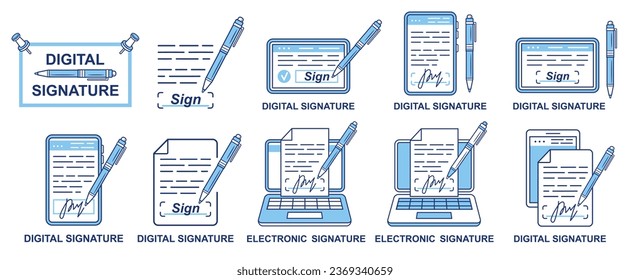 Digital electronic signature, online hand signing document contract with writing stylus pen on mobile phone, tablet screen line icon set. E-signature business paper on computer. Smartphone app. Vector